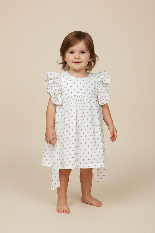 Brown Polka Dot Print Sleeve Ruffle Gathered Dress — Cotton Girls Dress | 0-13 Years