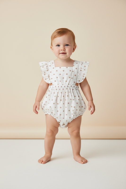 Brown Polka Dot Print Ruffled Racerback Romper — Cotton Baby Girl Romper | 0-24 Months