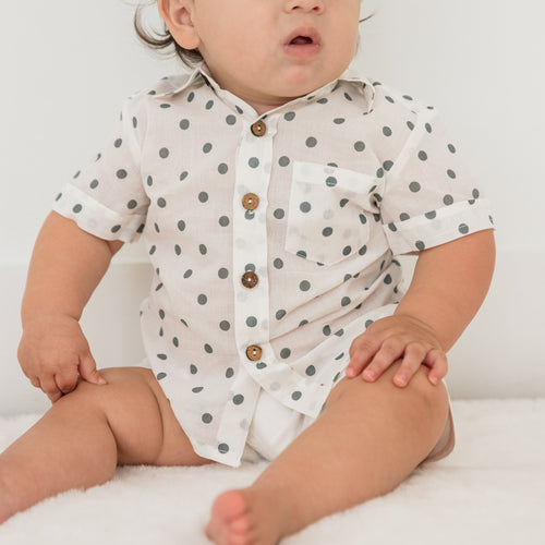 Blue Polka Dot Print Boys Shirt & White Shorts set