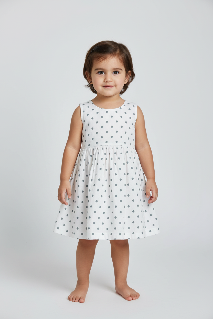 Blue Polka Dot Print Gathered Dress — Cotton Girls Dress | 0-13 Years