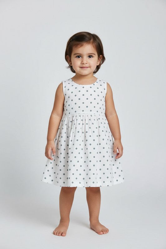 Blue Polka Dot Print Gathered Dress — Cotton Girls Dress | 0-13 Years