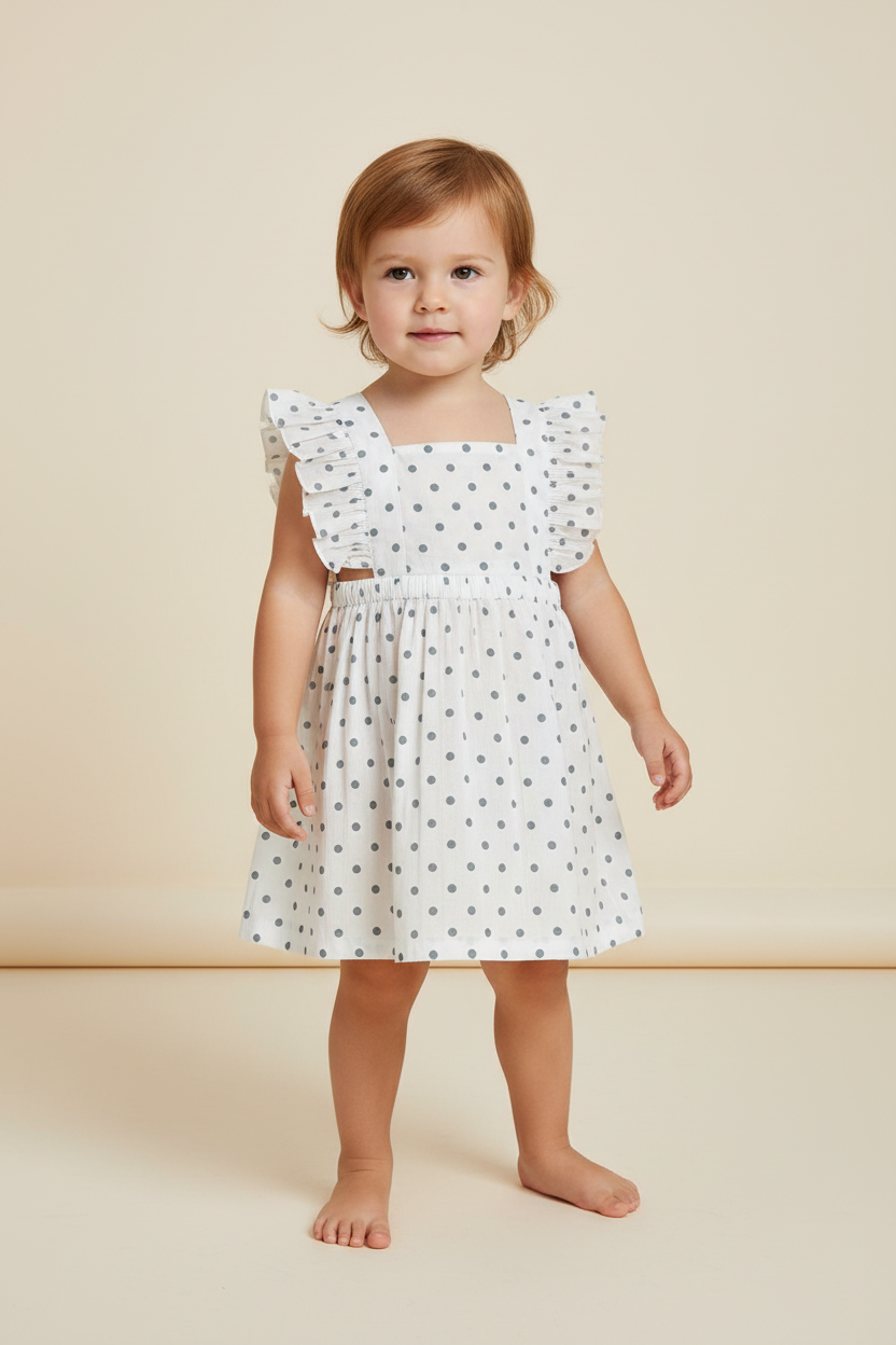 Blue Polka Dot Print Ruffled Racerback Gathered Dress — Cotton Girls Dress | 0-13 Years