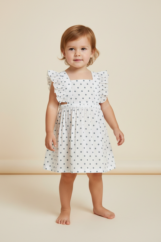 Blue Polka Dot Print Ruffled Racerback Gathered Dress — Cotton Girls Dress | 0-13 Years
