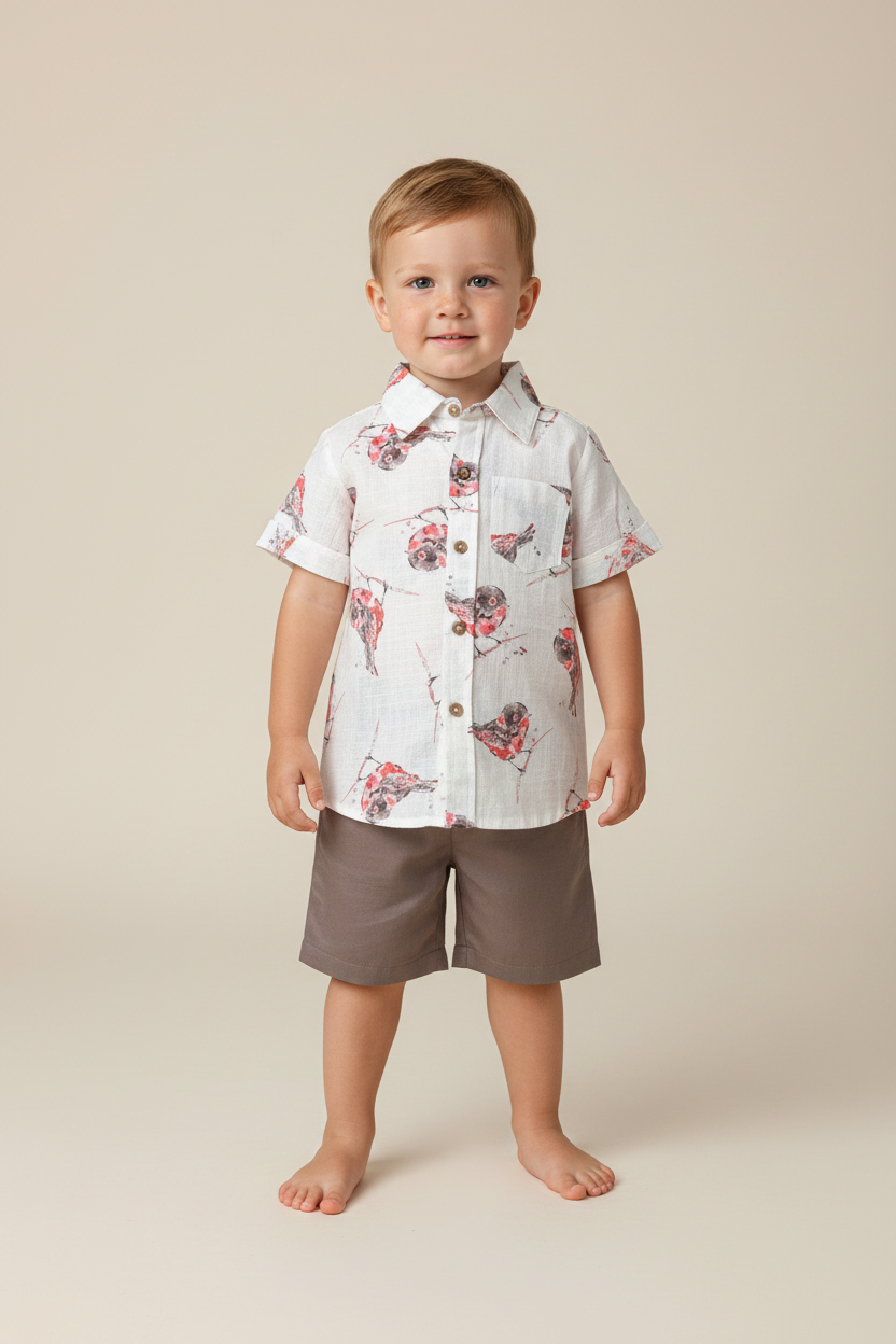 Multi Color Bird Print Boys Shirt and Brown Shorts Set — Cotton Kids Co-Ord | 0-13 Years