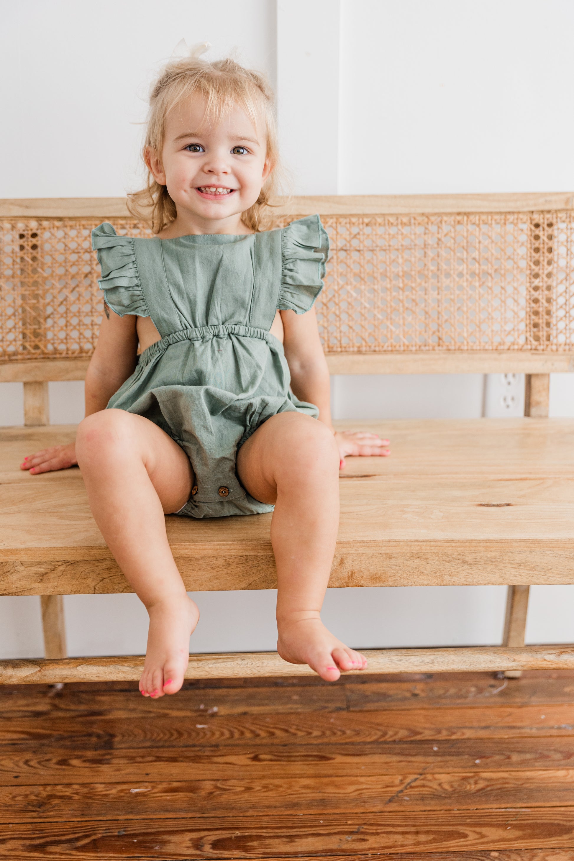 Sage Green Ruffled Racerback Romper Cotton Baby Girl Romper | 0-24 Months Sage Green Ruffled Racerback Romper Cotton Baby Girl Romper | 0-24 Months