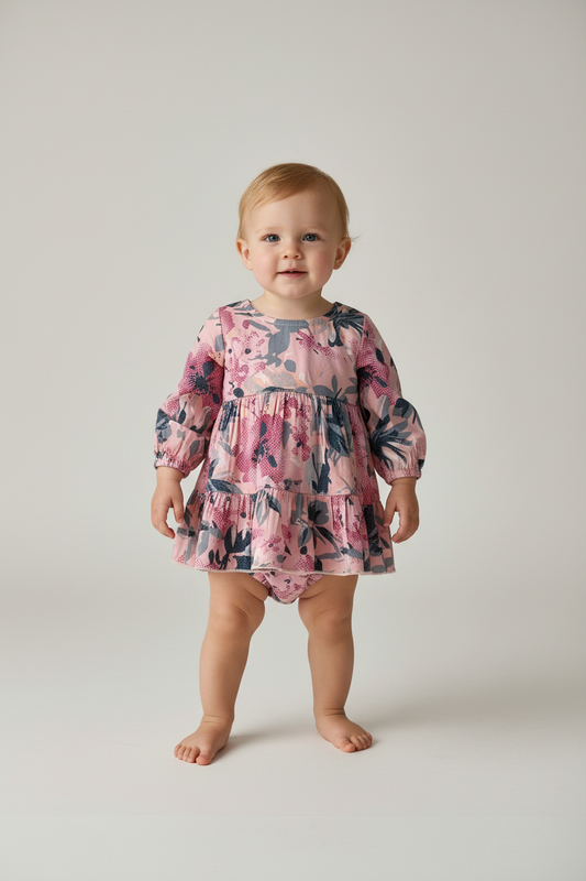 Floral Printed Long Sleeve Dress and Diaper Cover Set — Cotton Baby Girl Set | 0-24 Months
