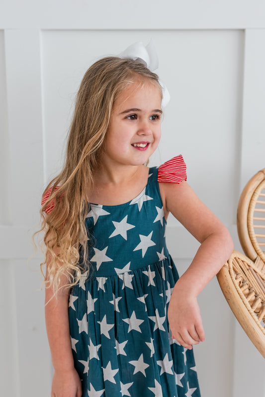 Navy Star Print Sleeve Ruffled Gathered Dress