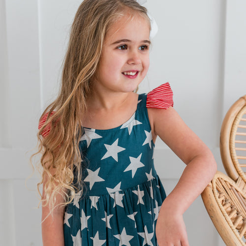 Navy Star Print Sleeve Ruffled Gathered Dress