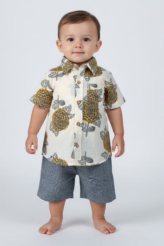 Mustard & Grey Floral Print Boys Shirt & Black Chambray Shorts set