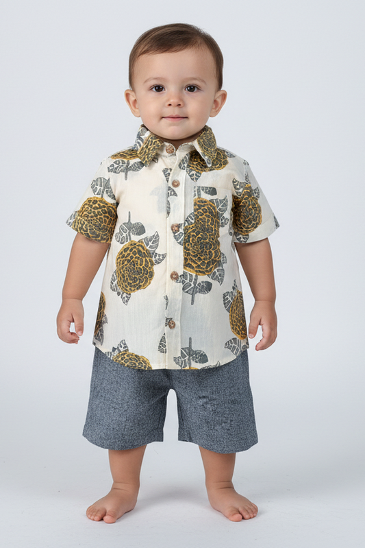 Mustard & Grey Floral Print Boys Shirt & Black Chambray Shorts set