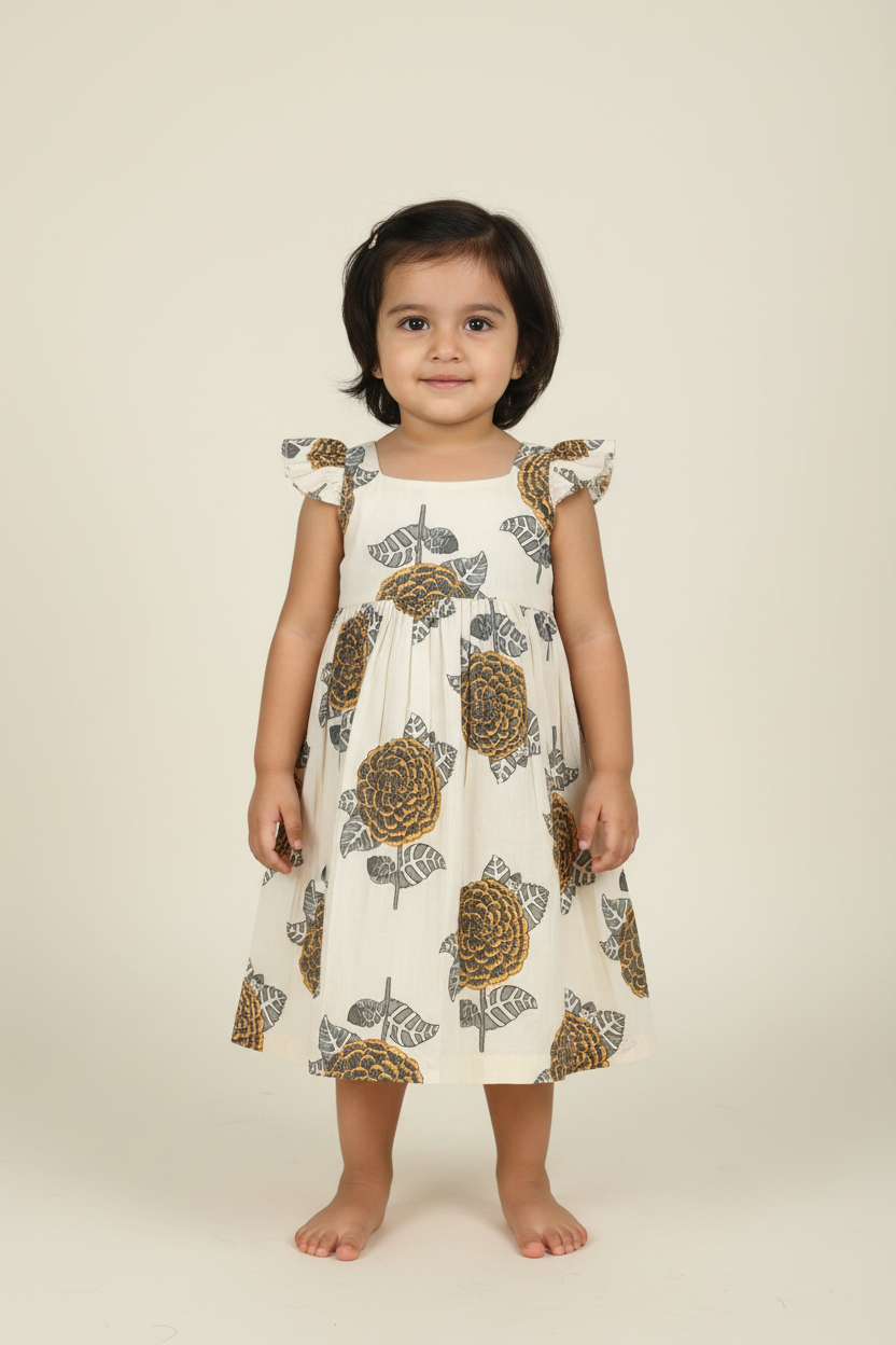 Mustard and Grey Floral Print Sleeve Ruffled Gathered Dress — Cotton Girls Dress | 0-13 Years