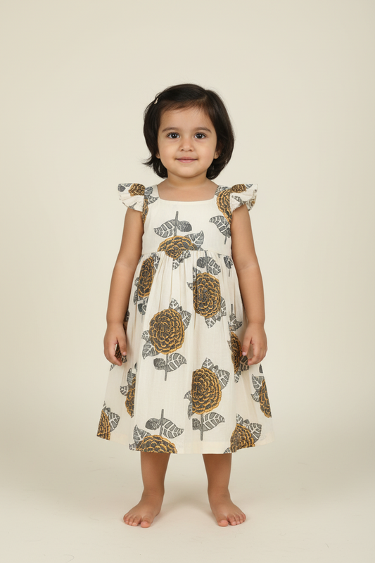 Mustard and Grey Floral Print Sleeve Ruffled Gathered Dress — Cotton Girls Dress | 0-13 Years
