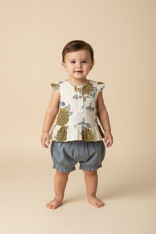 Mustard and Grey Floral Print Ruffle Top and Black Shorts Set — Cotton Girls Co-Ord | 0-13 Years