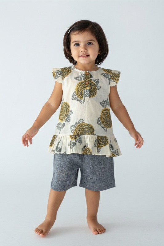Mustard and Grey Floral Print Sleeve Ruffled Top and Black Shorts Set — Cotton Girls Co-Ord | 0-13 Years