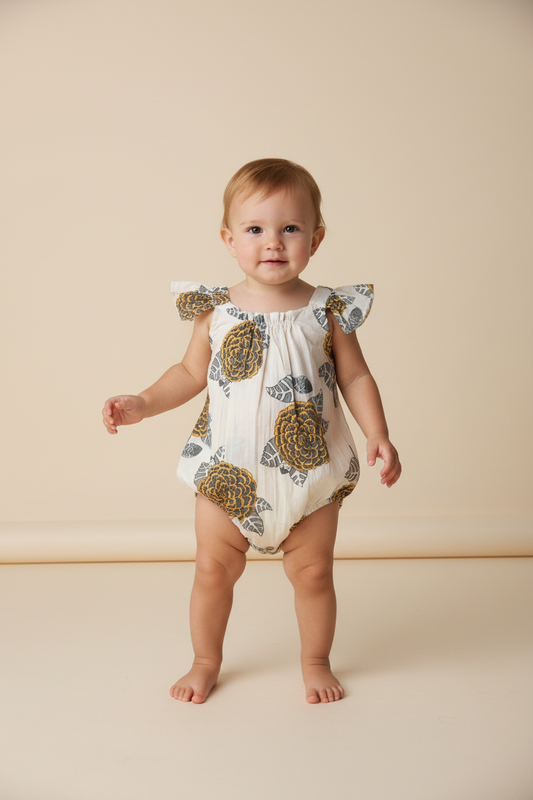 Mustard and Grey Floral Print Sleeve Ruffled Romper — Cotton Baby Girl Romper | 0-24 Months