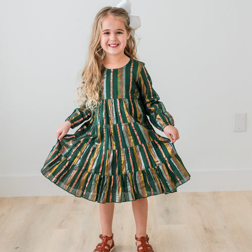 Bottle Green Multi Lurex Tiered Long Sleeve Dress