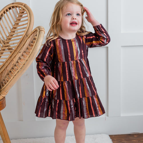Burgundy Multi Lurex Tiered Long Sleeve Dress