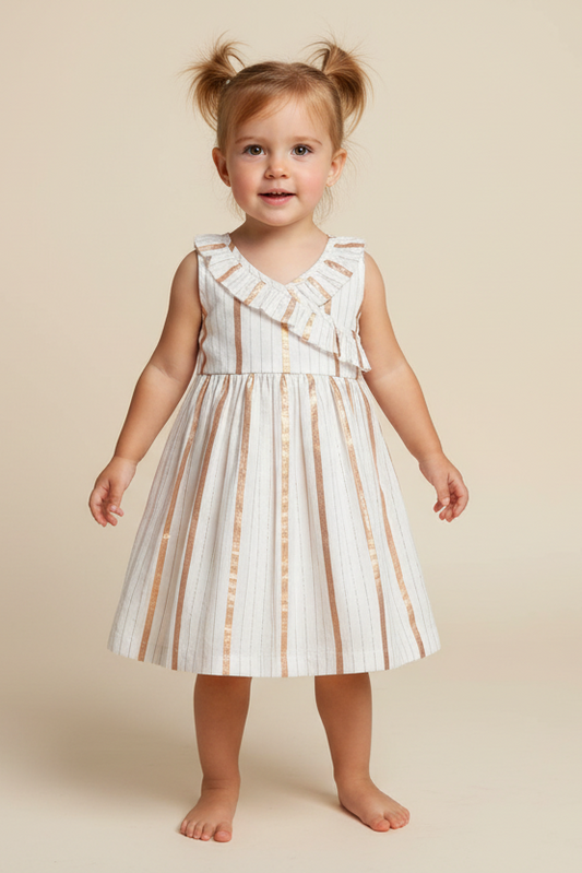 Off-White Gold Lurex Neck Ruffled Gathered Dress — Festive Girls Dress | 0-13 Years