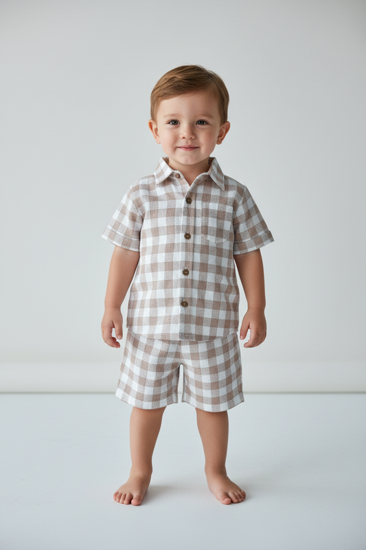 Blush Checkered Printed Boys Shirt ,Shorts & Off-White Inner shirt 3pc set