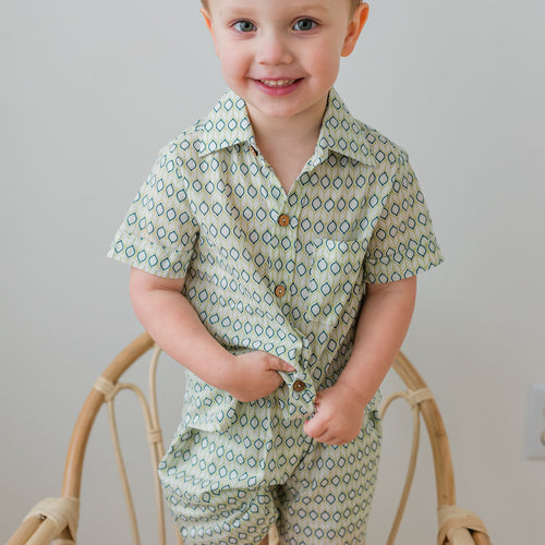 Blue & Sage Geometrical Print Boys Shirt & Shorts set