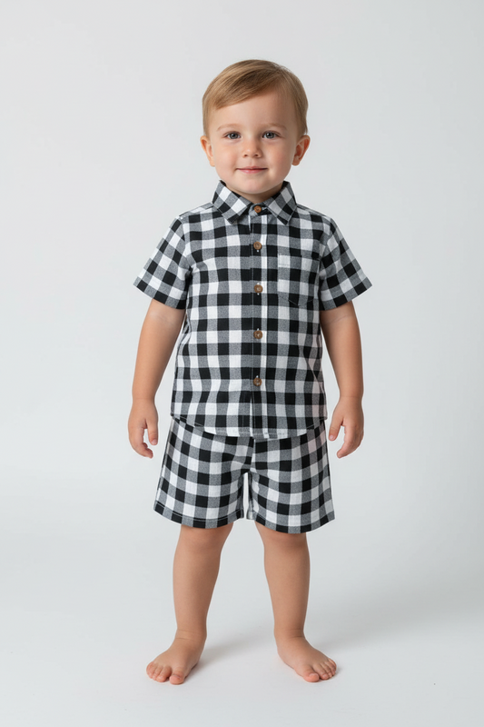 Black Checkered Printed Boys Shirt & Shorts Set