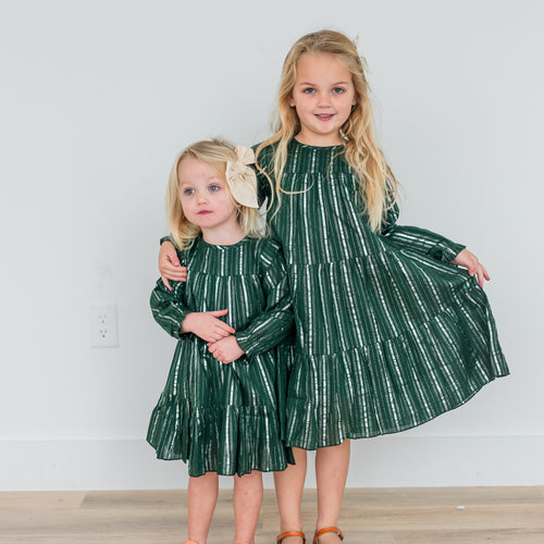 Bottle Green Silver Lurex Tiered Long Sleeve Dress