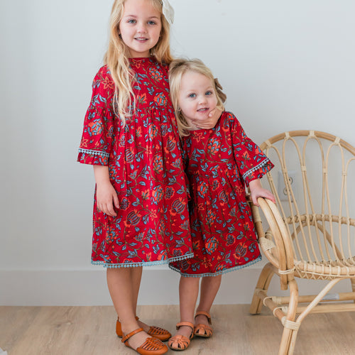 Floral Print Bell-Sleeves Gathered Dress