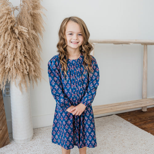 Navy Floral Print Front Pleated Dress