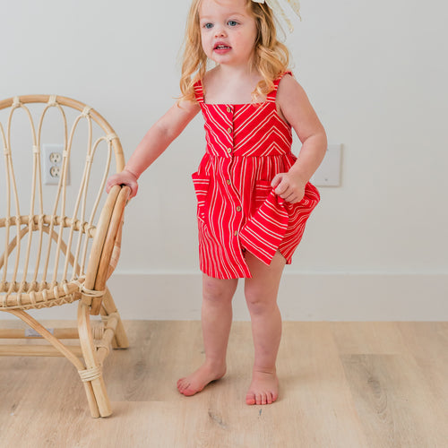 Red Striped Print Front Open Gathered Dress