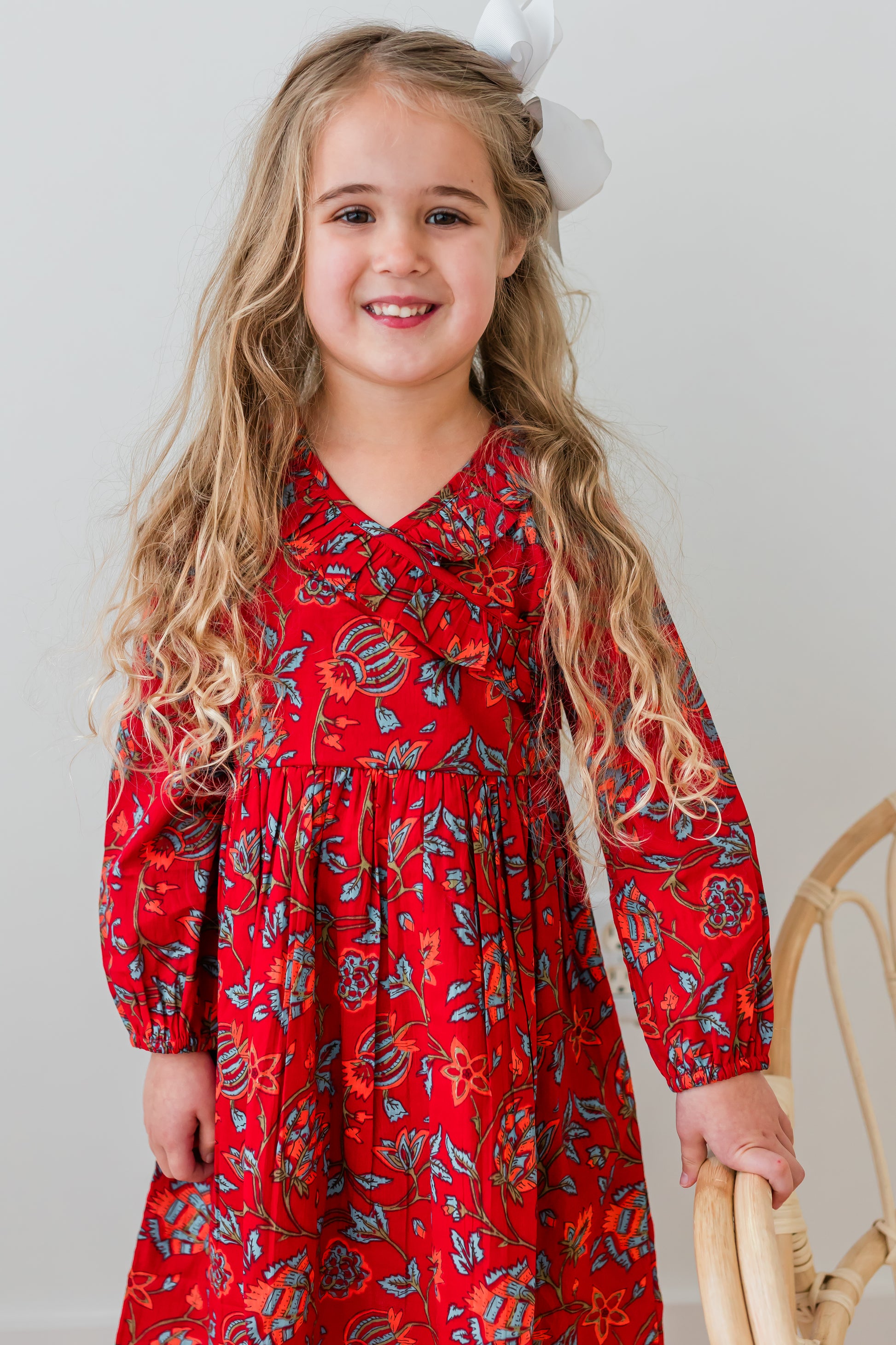 Floral Print Neck Ruffle Long-Sleeves Gathered Dress Floral Print Neck Ruffle Long-Sleeves Gathered Dress