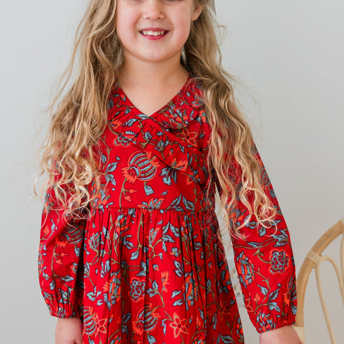 Floral Print Neck Ruffle Long-Sleeves Gathered Dress