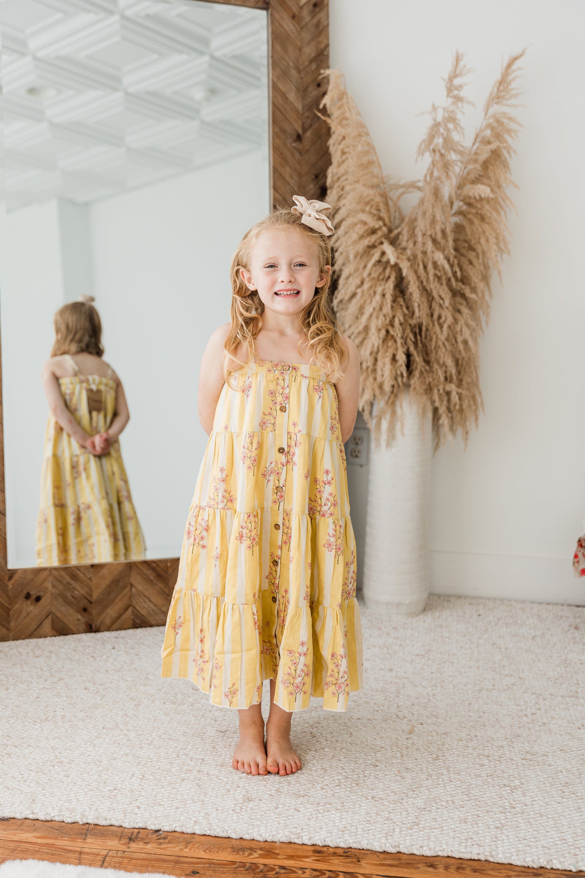 Pink and Yellow Floral Print Tiered Dress — Cotton Girls Dress