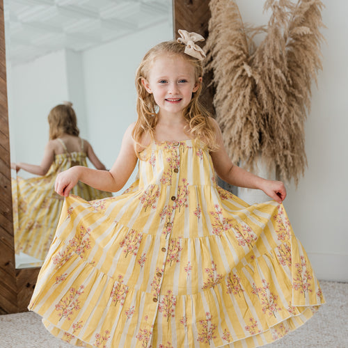 Pink & Yellow Floral Print Tiered Dress