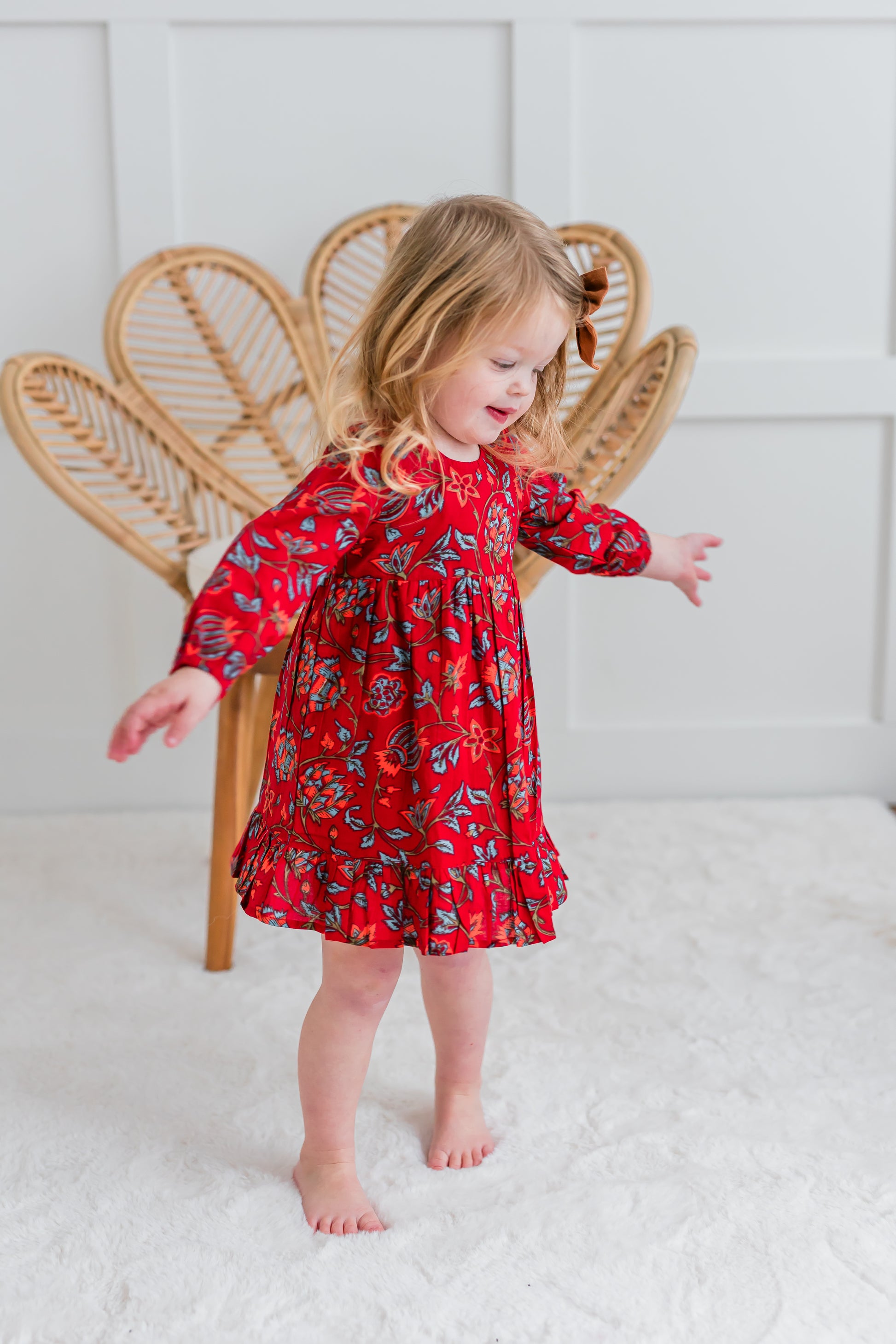 Floral Print Bottom Ruffle Long-Sleeves Gathered Dress Floral Print Bottom Ruffle Long-Sleeves Gathered Dress