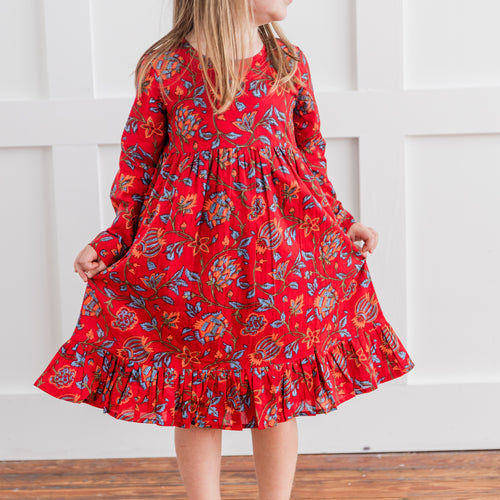 Floral Print Bottom Ruffle Long-Sleeves Gathered Dress