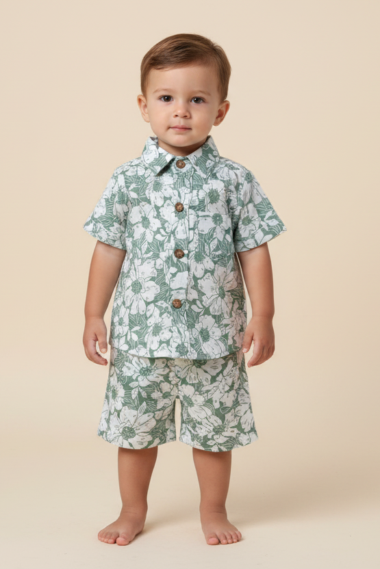 Sage-Green Floral Printed Boys Shirt & Shorts Set - Yo Baby Online
