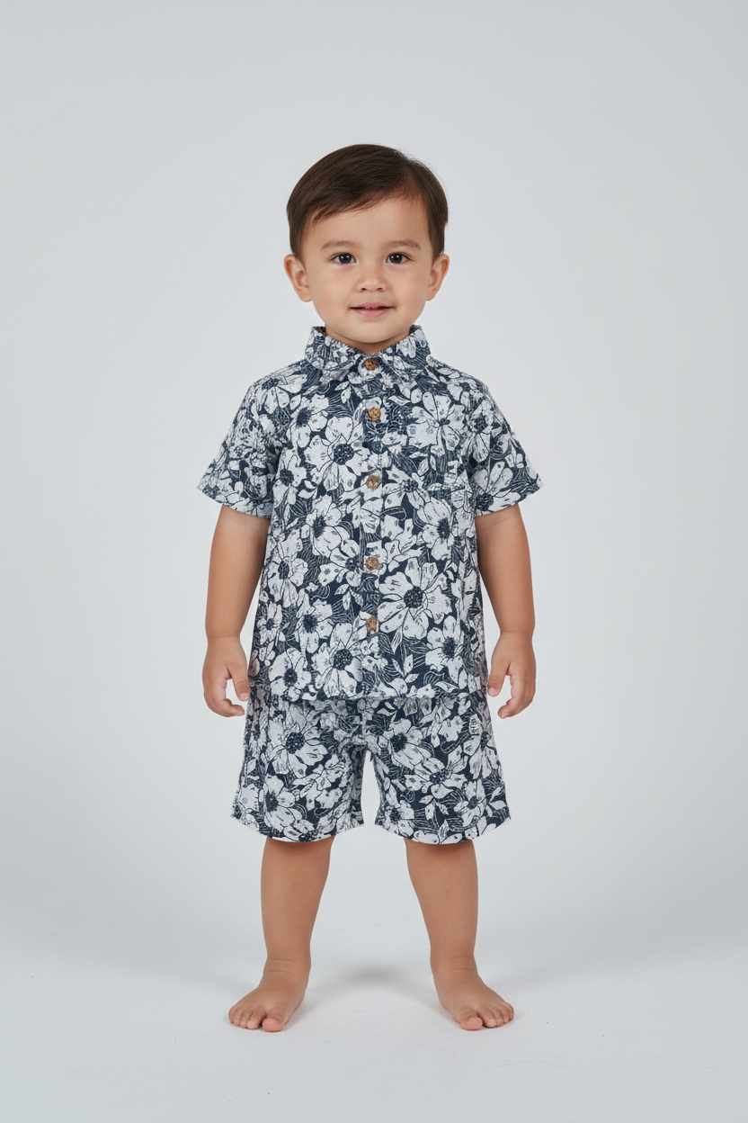 Black Floral Printed Boys Shirt & Shorts Set - Yo Baby Online