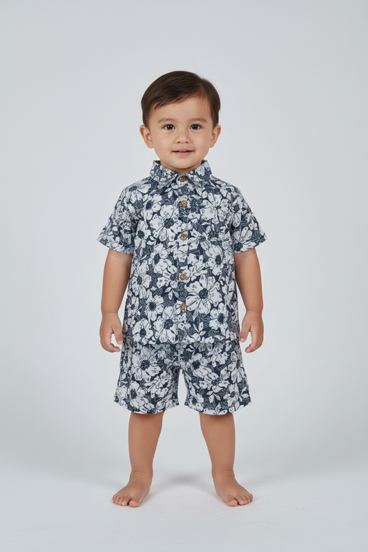 Black Floral Printed Boys Shirt & Shorts Set - Yo Baby Online
