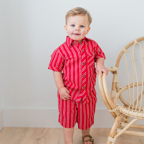 Red Stripes Print Boys Shirt & Shorts set