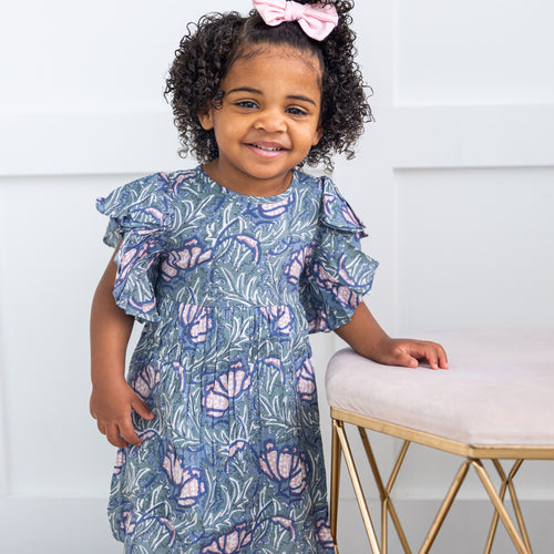 Grey Printed Sleeve Ruffled Gathered Dress