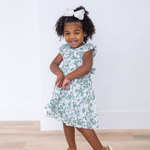 Sage-Green Floral Printed Sleeve & Bottom Ruffle Dress