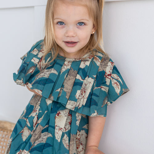 Turquoise Floral Printed Box Pleated Dress