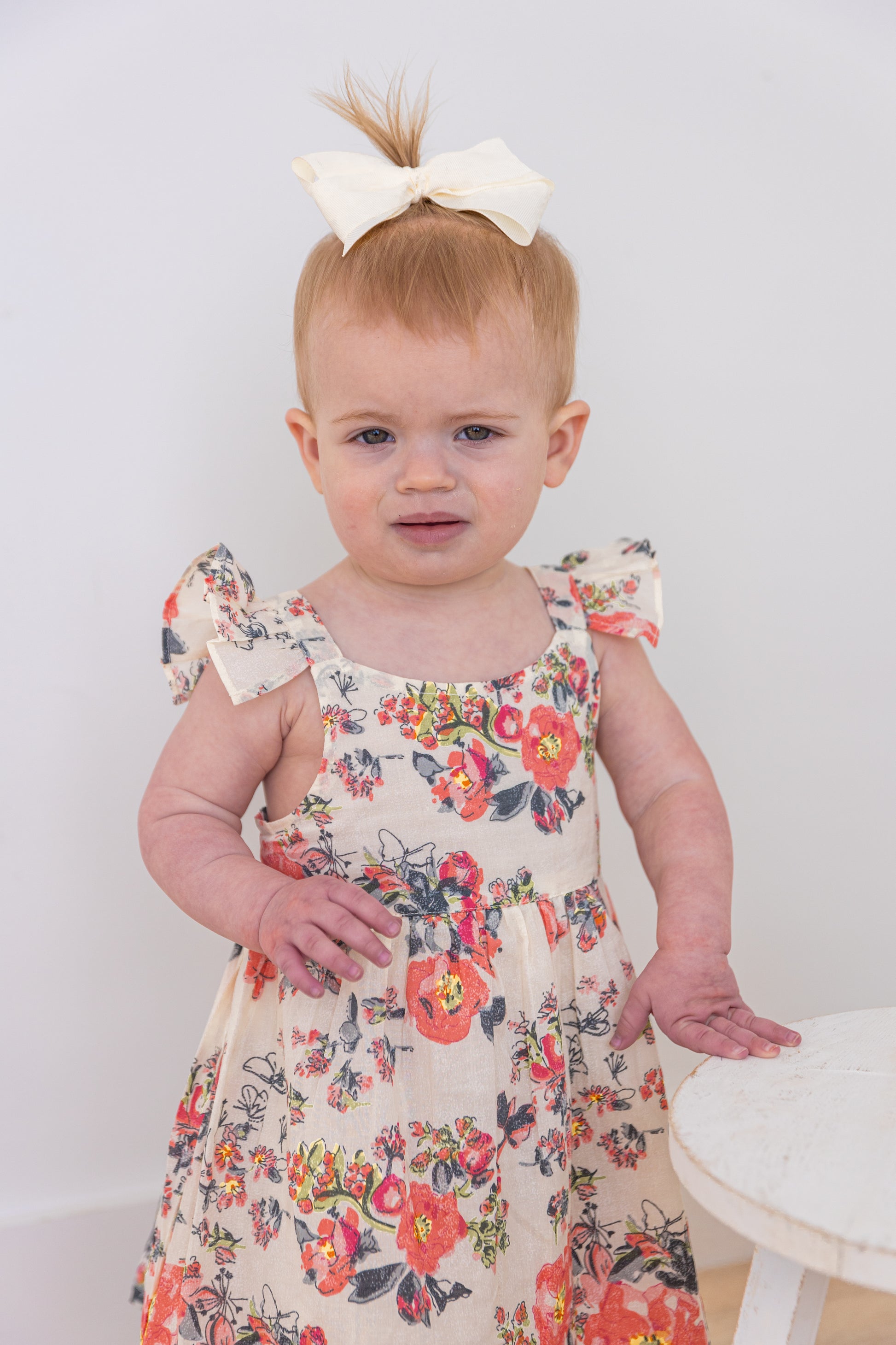 Pink Floral Print Sleeve Ruffled Gathered Dress — Cotton Girls Dress