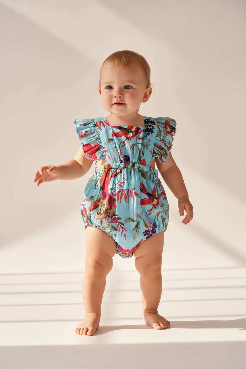 Turquoise Bird Printed Ruffled Gathered Romper