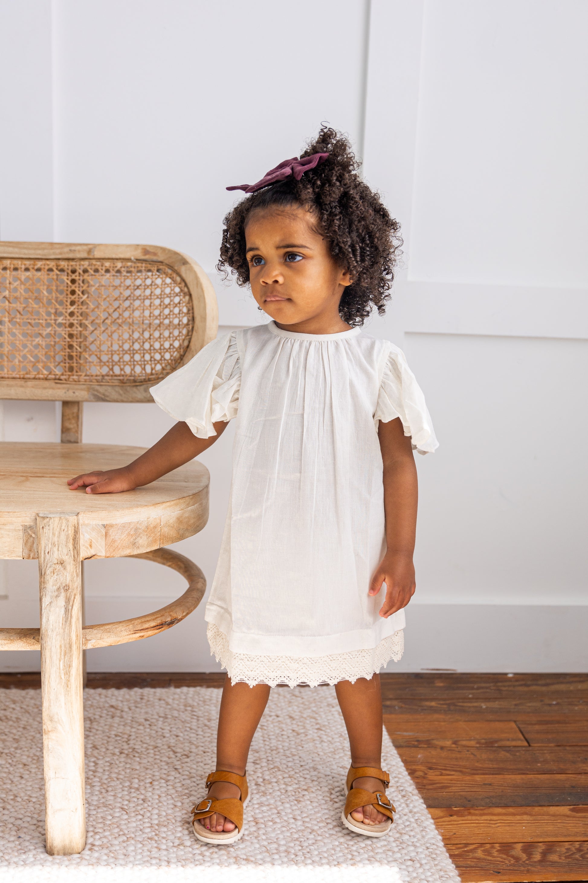Off-White Sleeve and Neck Gathered Dress — Cotton Girls Dress