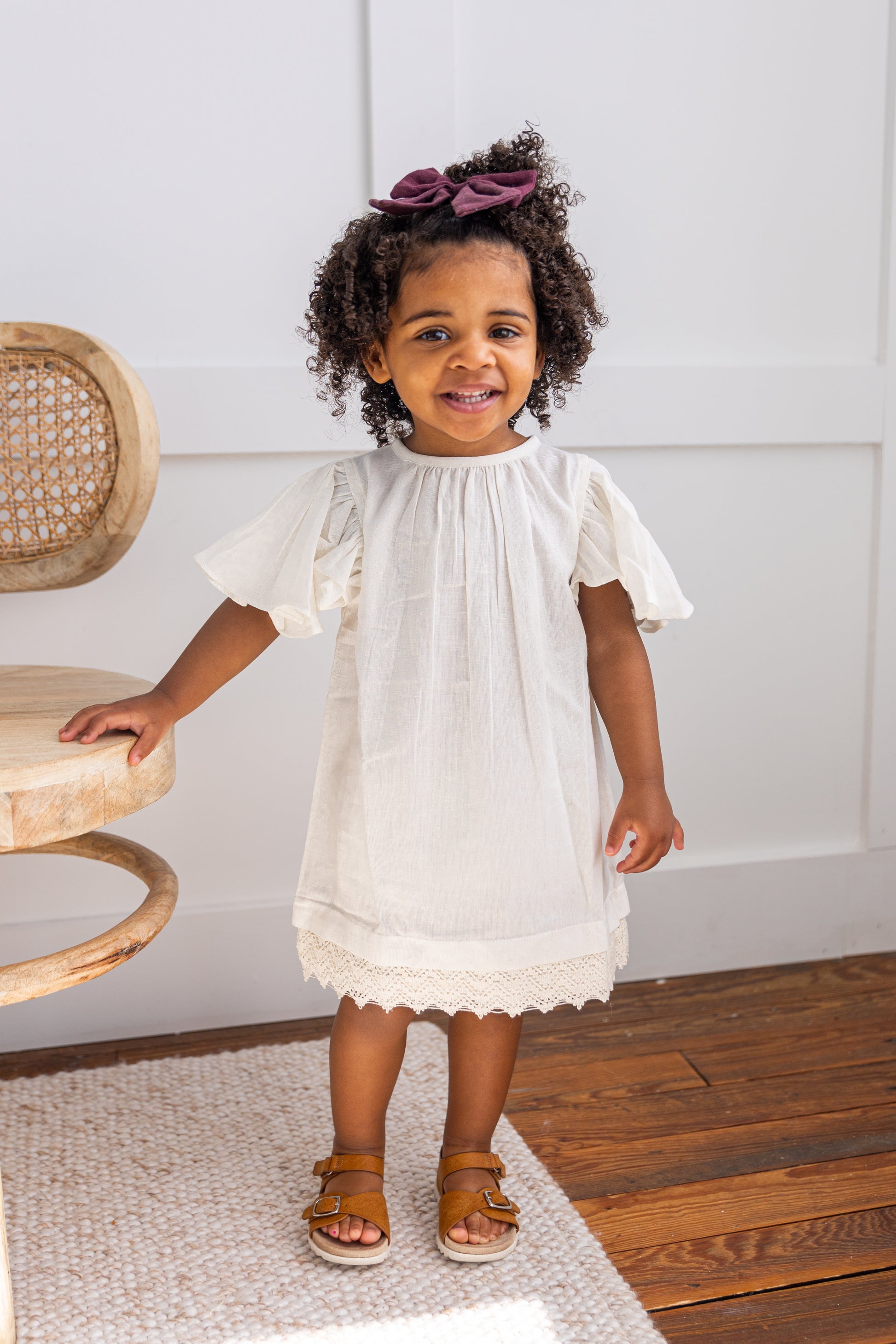 Off-White Sleeve and Neck Gathered Dress — Cotton Girls Dress Off-White Sleeve and Neck Gathered Dress — Cotton Girls Dress