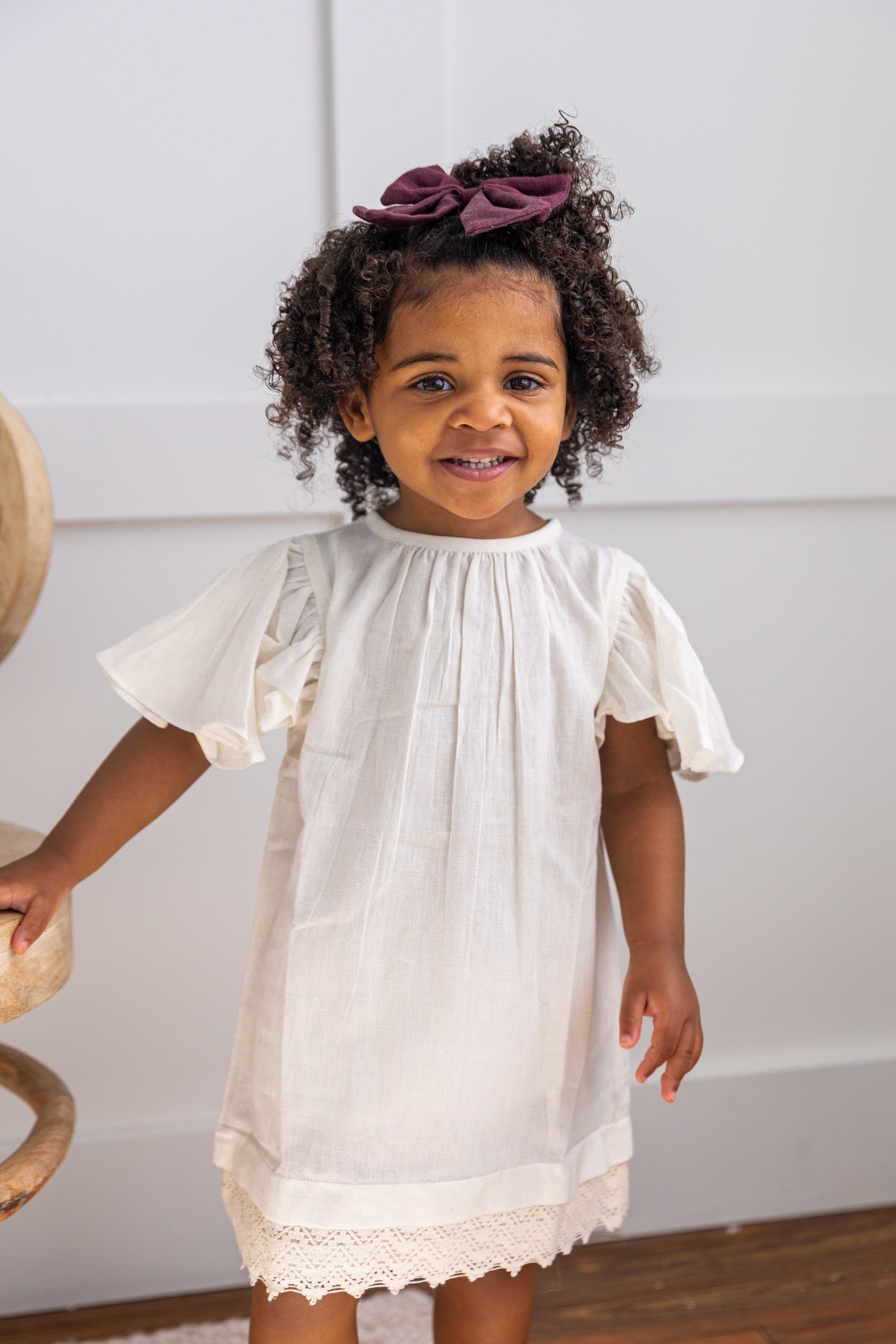 Off-White Sleeve and Neck Gathered Dress — Cotton Girls Dress