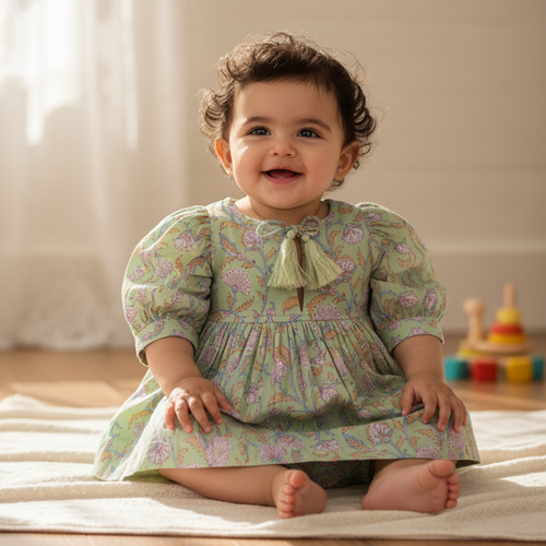 Sage-Green Floral Printed Sleeve Gathered Dress