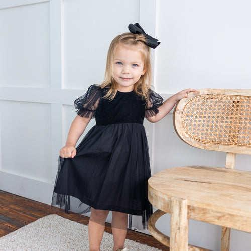 Black Velvet & Tulle  Puff Sleeves Gathered Dress