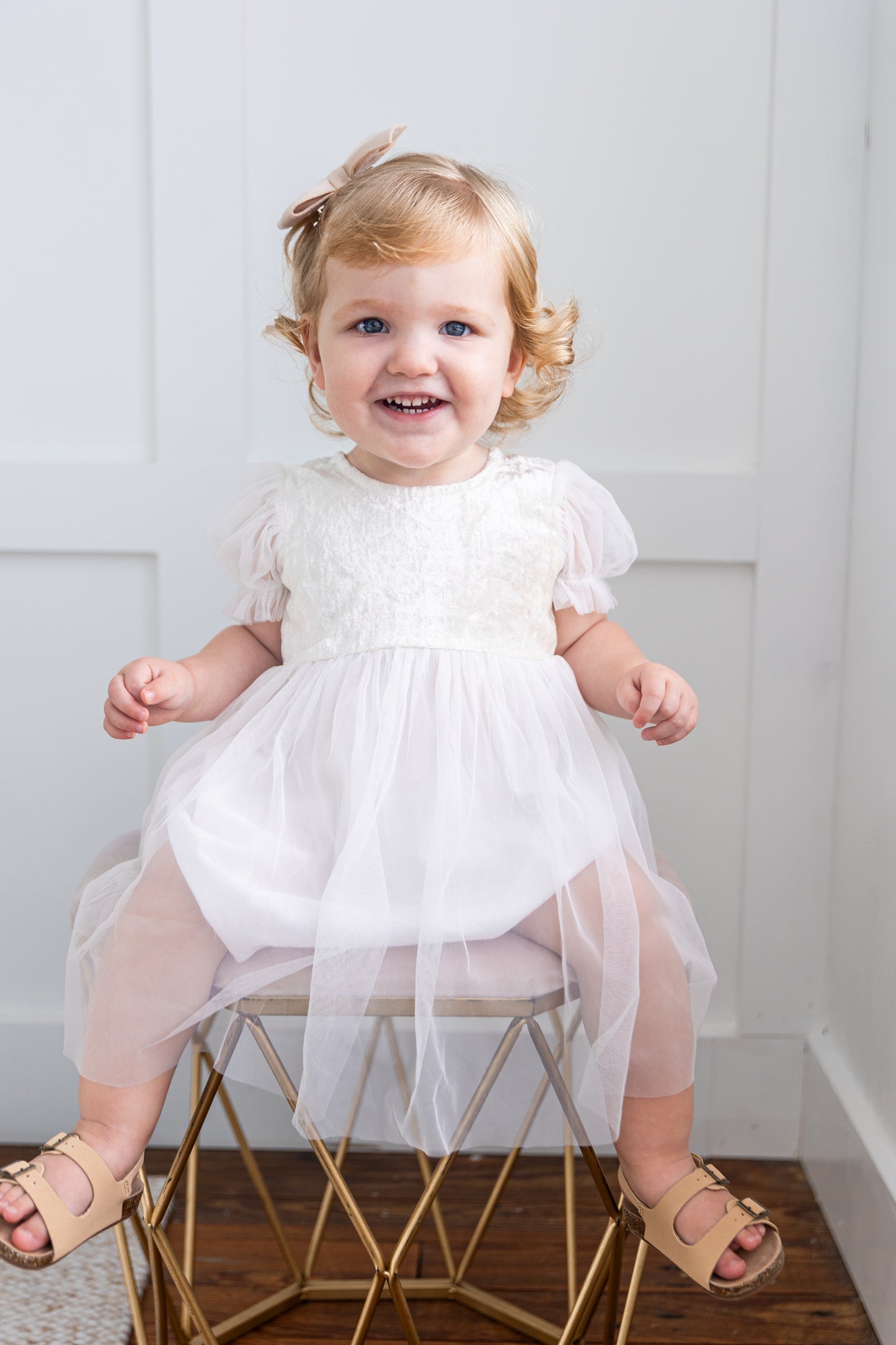 White Velvet & Tulle Puff Sleeves Gathered Dress
